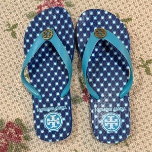 Tory Burch Navy Patterned Flip Flops with Teal Straps and Gold Logo